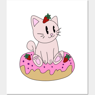 Cat Strawberry Dessert Posters and Art